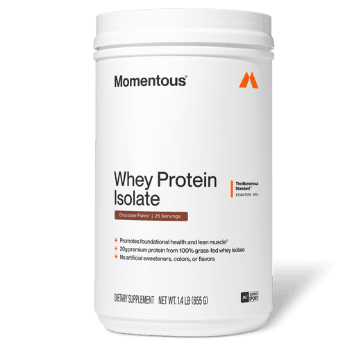 Momentous whey protein isolate, chocolate tub